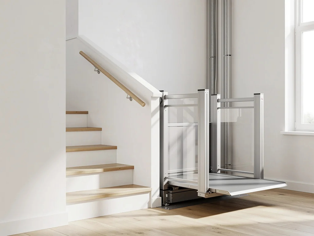 Plateforme élévatrice pour fauteuil roulant installée à côté de quelques marches