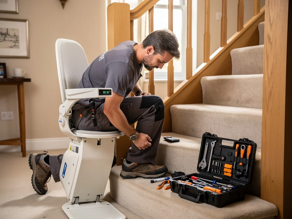 Technicien réglant un monte-escalier sur un escalier lors de la mise en service